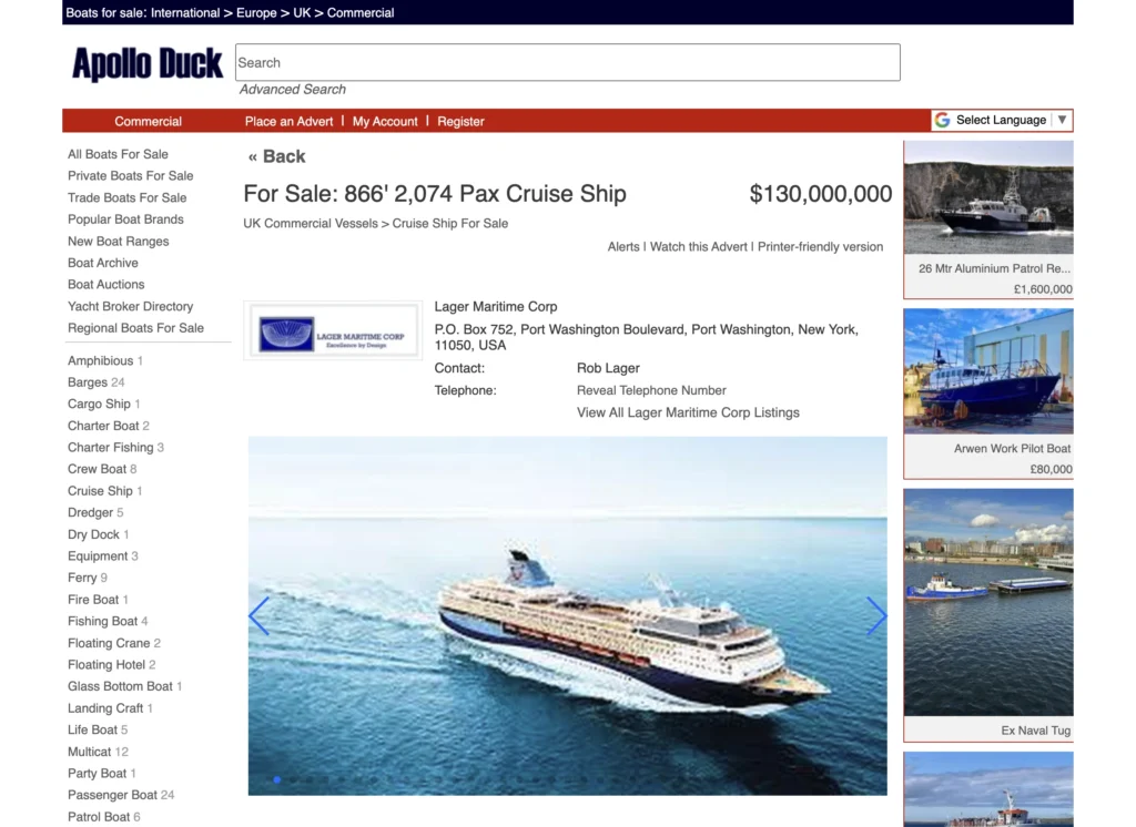 screenshot of the Apollo Duck website, where it's possible to purchase small boats or large cruise ships