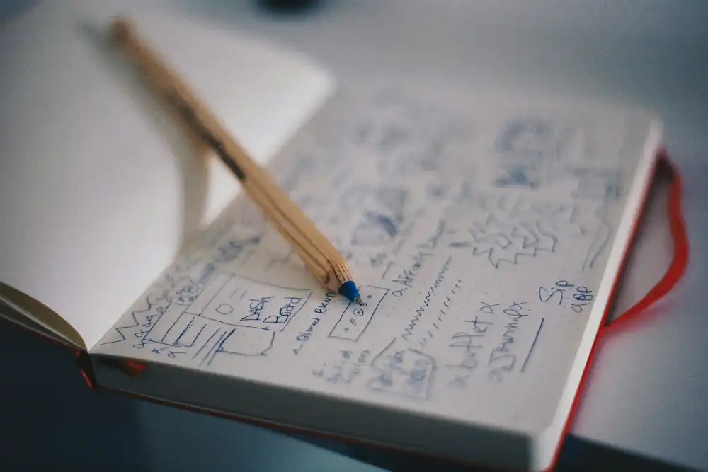 A notepad, a pencil, and some UX notes by Med Badr Chemmaoui from Unsplash