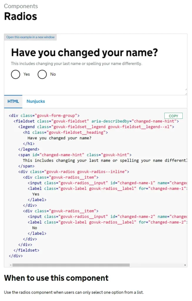 Screenshot showing the guidelines for web design of British gov websites