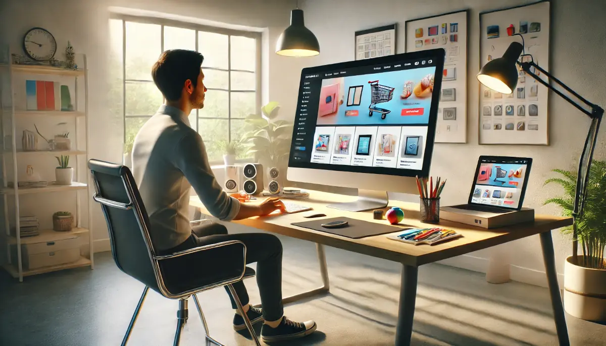 A photorealistic drawing of a web designer working on an e-commerce website