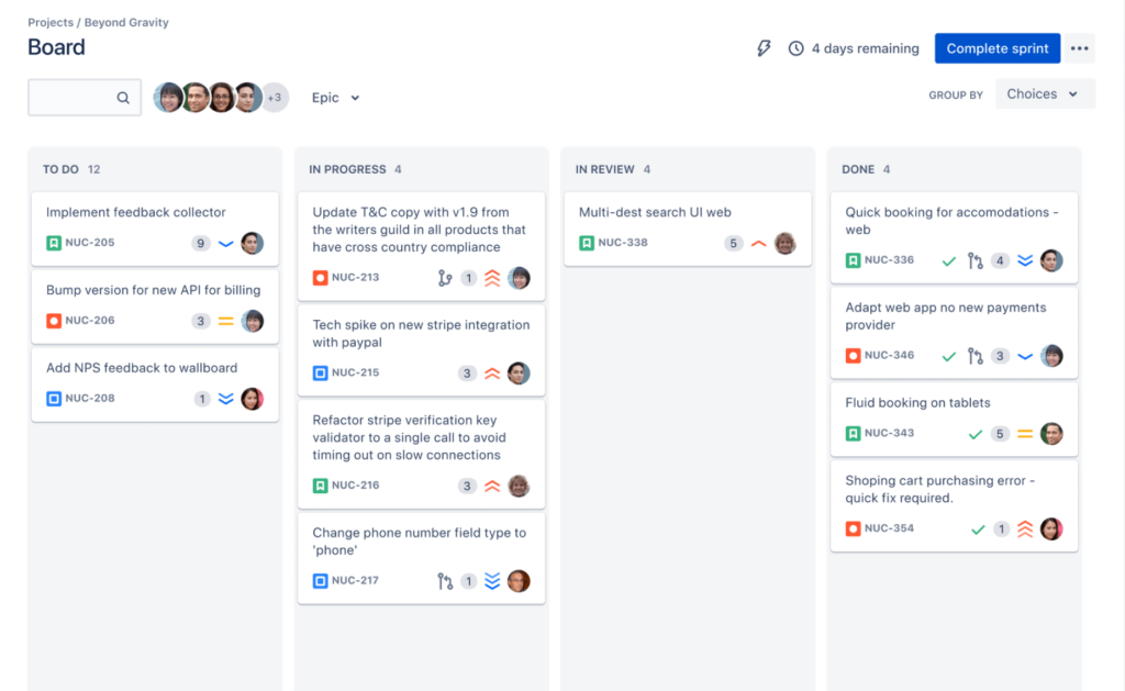 A screenshot of a Jira Scrum Board, showing "tickets" in columns like - To Do - In Progress - Done