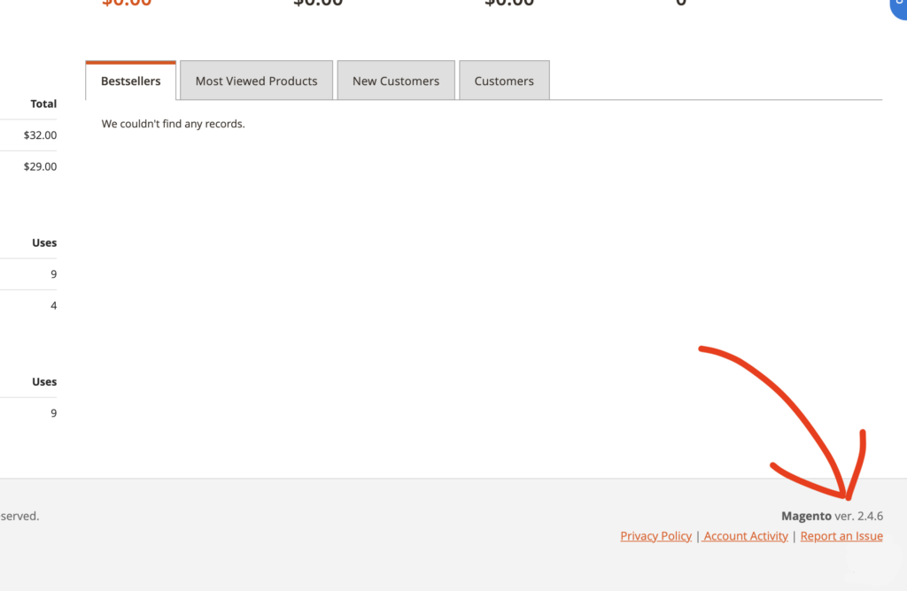 A screenshot showing that the Magento version is displayed in the bottom right corner of the admin panel.