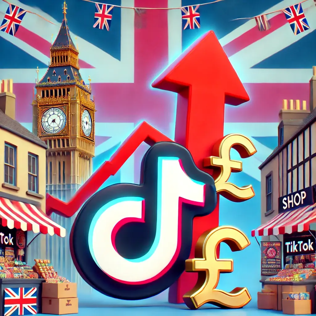 A drawing representing the TikTok logo and the increase of seller fees for its shop feature