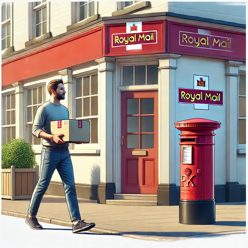 A drawing of a man taking a parcel to a Royal Mail post office