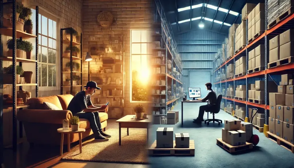 A pictorial representation of a guy on a couch ordering on a B2C ecommerce website and a guy in a warehouse ordering on a B2B ecommerce website