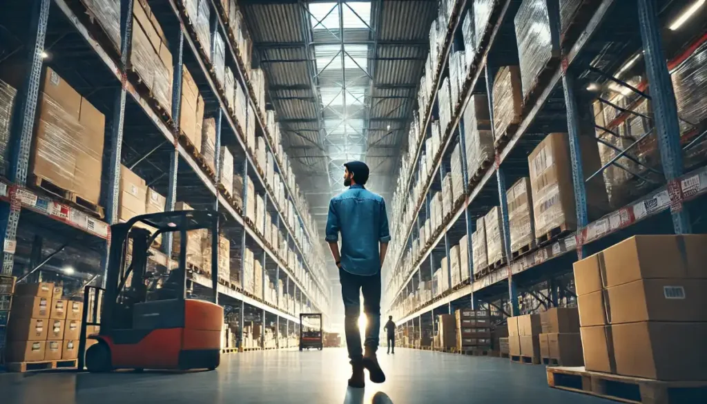 A guy walking in a warehouse