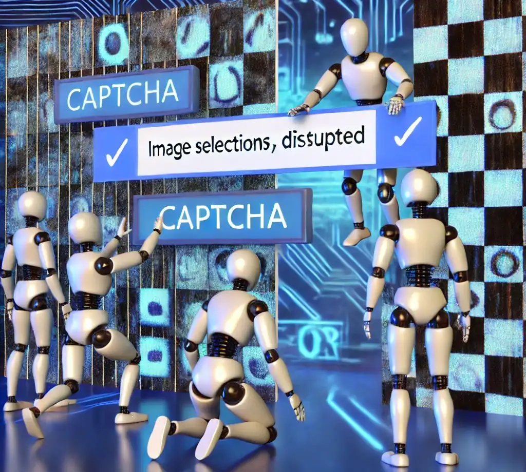 a drawing of bots in front of a wall of captcha