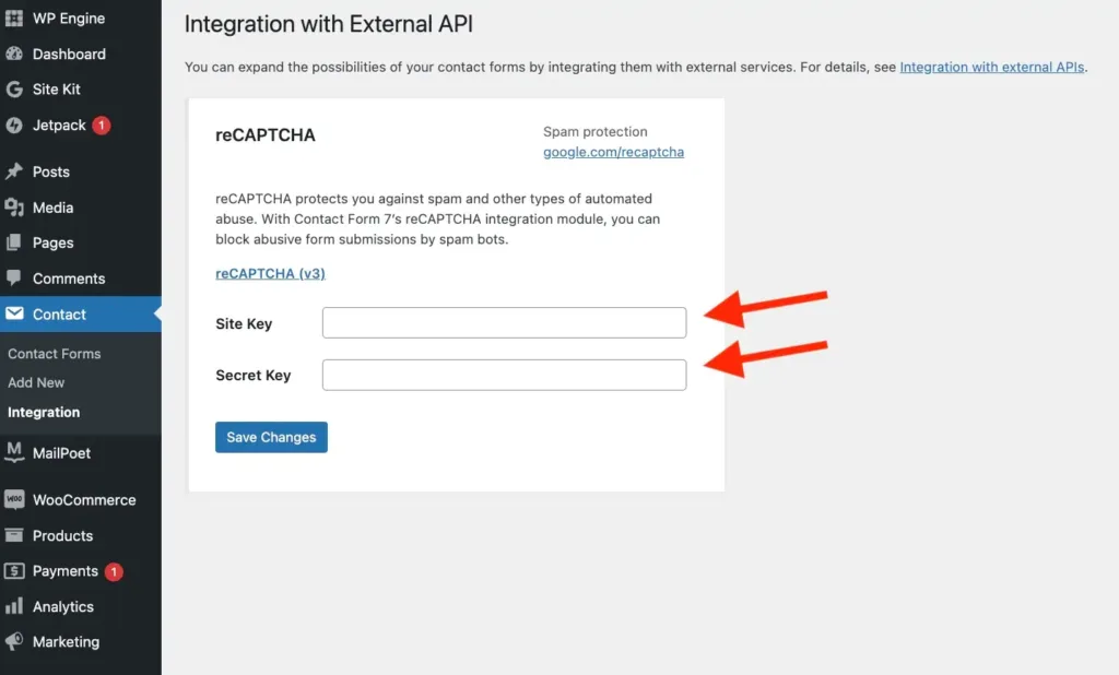 inserire le chivi reCAPTCHA nel plugin wordpress contact form 7