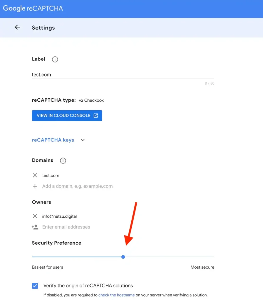 settings for recaptcha v2 checkbox